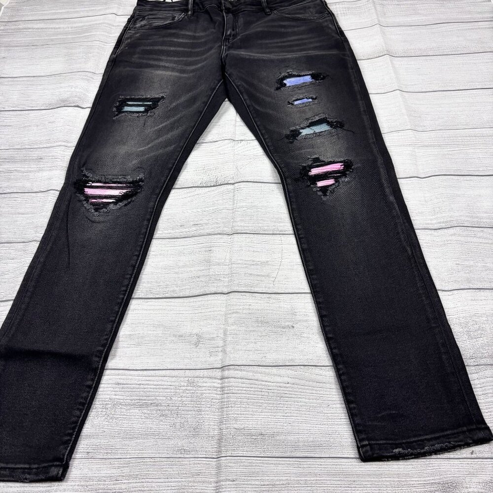 Embellish Mens Black Distressed Skinny Jeans With Colorful Patches Size 34 - Picture 2 of 16